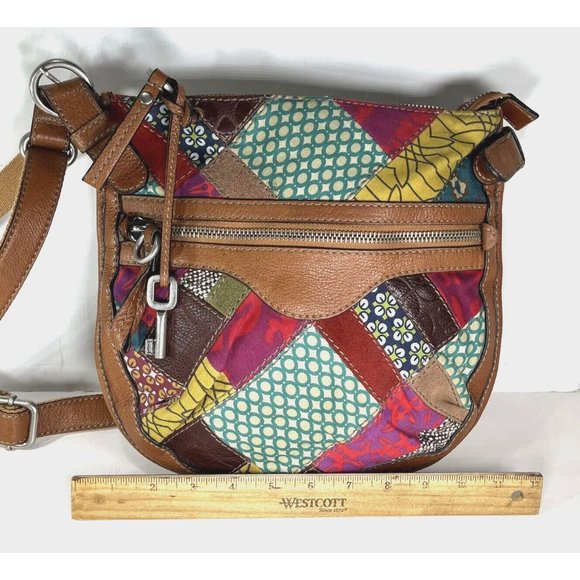 Fossil Slim Leather and Fabric Patchwork Crossbody Shoulder Bag - Picture 12 of 15
